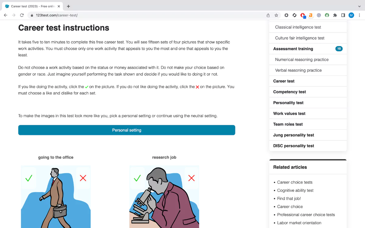 123 test career test instructions