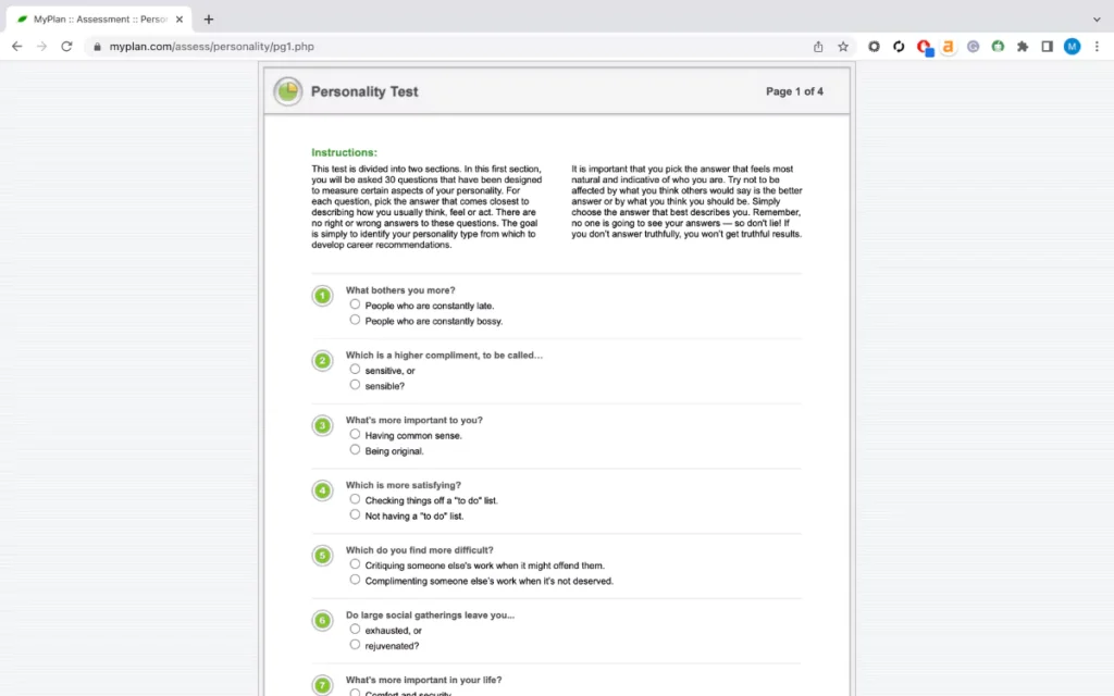 myplan career test questions