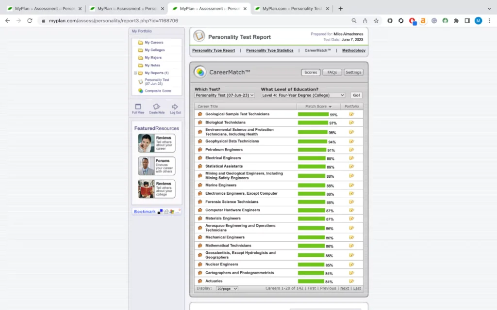 myplan career test report