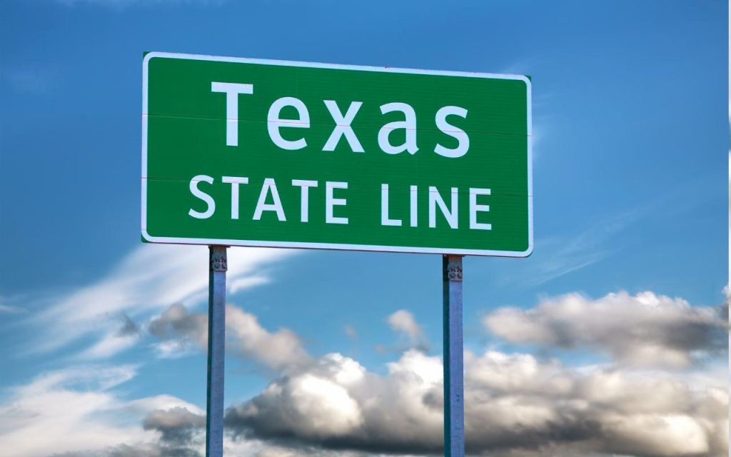 road sign with text "texas state line"