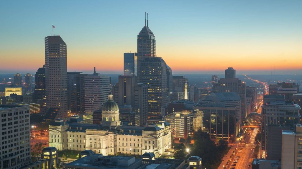 city buildings in Indiana at sunset