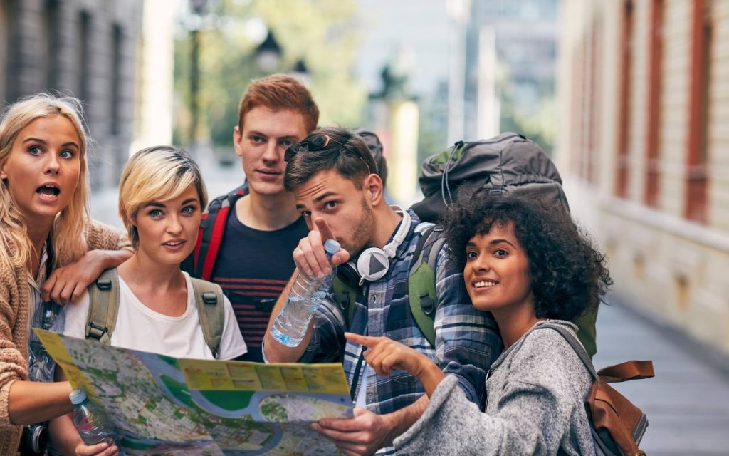 group of students explore UNT campus