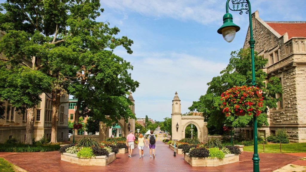 street in Indiana with brick roads, classical architecture, and trees