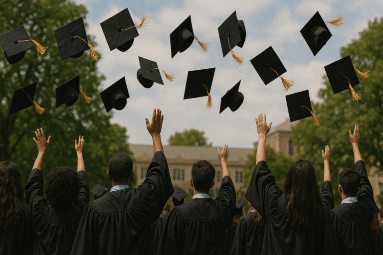 Graduates looking away from the camera throwing caps in the air