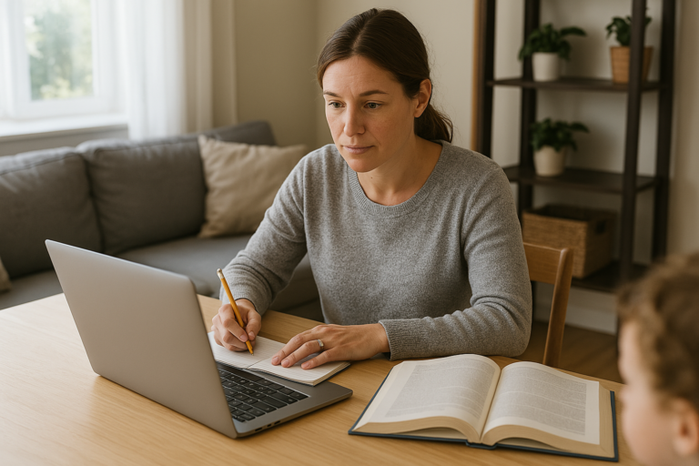 Woman at a table with laptop and notebook studying