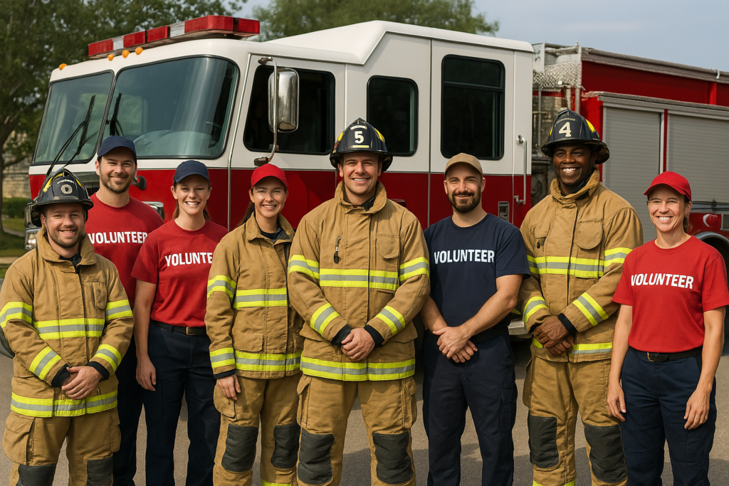 Firefighters in front of fire truck