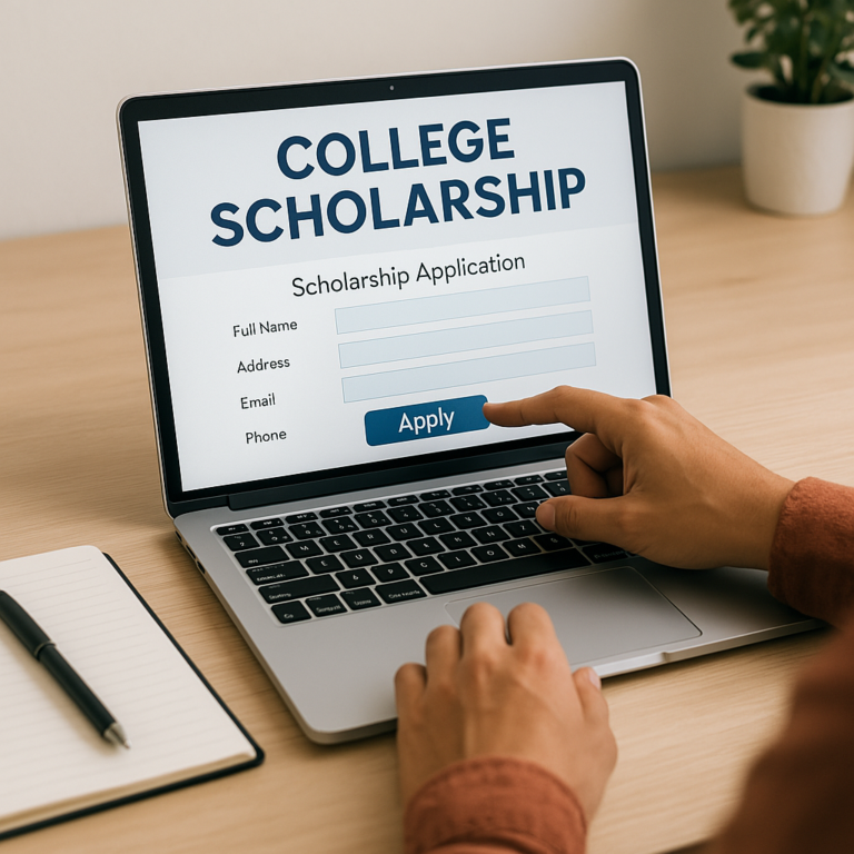 Person applying to a college scholarship on a laptop
