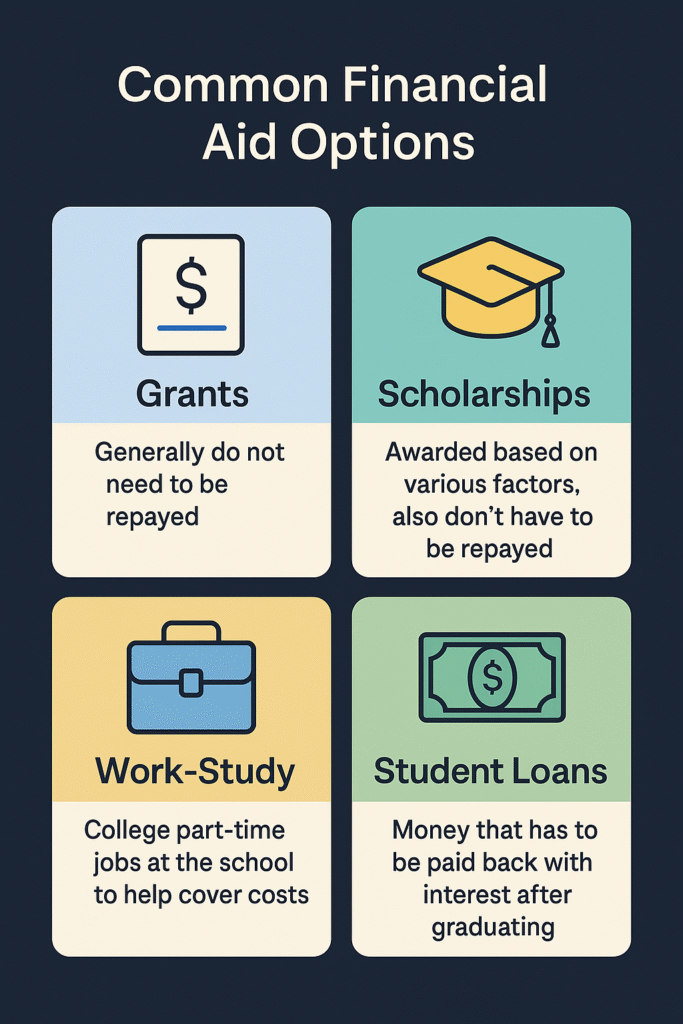 Grants, Scholarships, Work-Study, and Student Loans are all ways to pay for college.